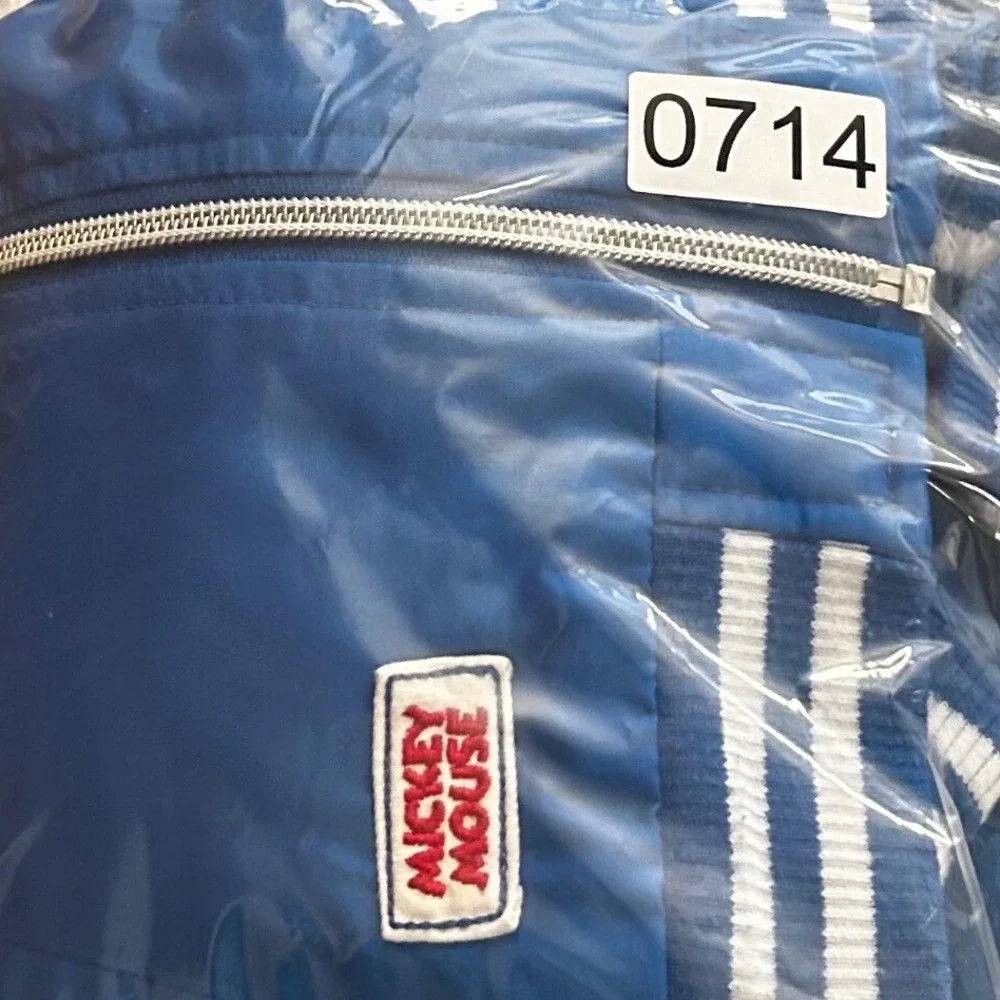 Retro Blue Mickey Mouse Bomber Jacket Racing‎ Stripes Patch Zip Up Kids Size 4T